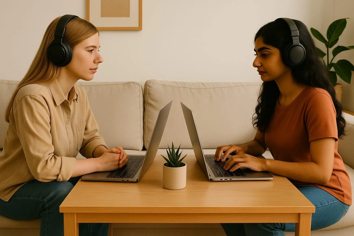 Shammi and Alisa facing one another across a table with laptops